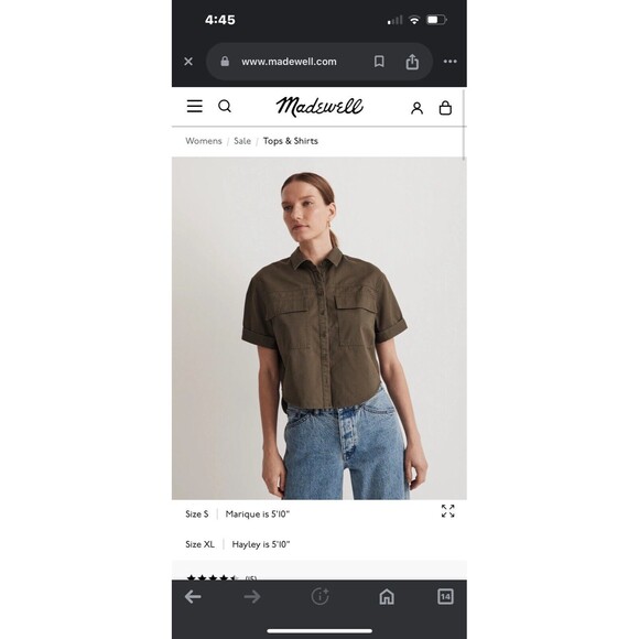 Madewell Cropped Short-Sleeved Button-up Collared Shirt Women’s Small Army Green - Picture 3 of 12